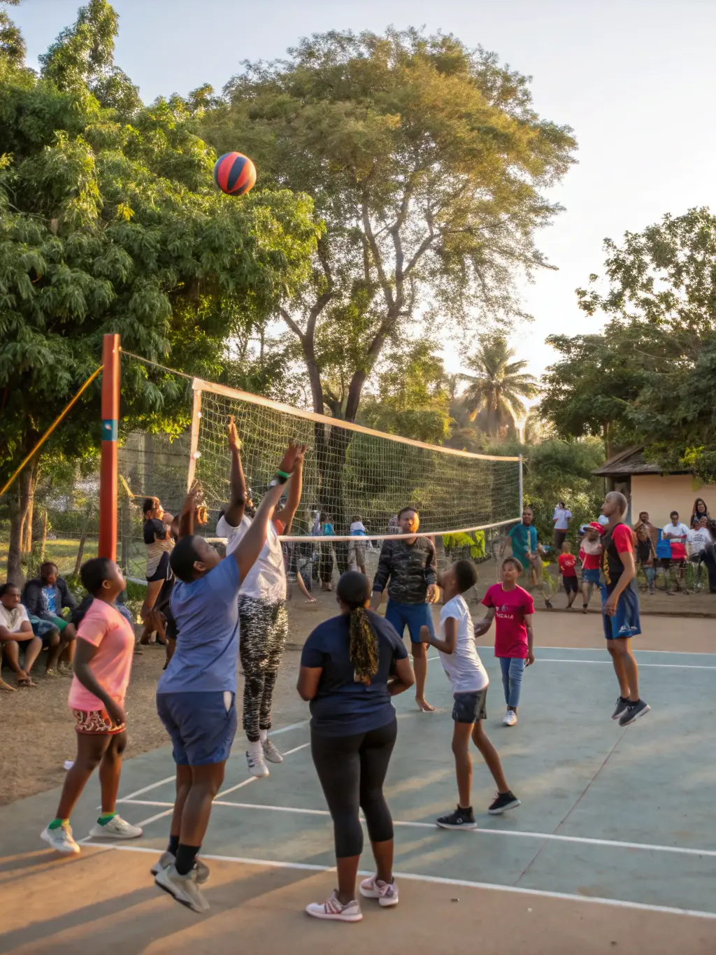 A group of diverse individuals participating in a friendly game of volleyball at a local park, showcasing community engagement and active lifestyles.