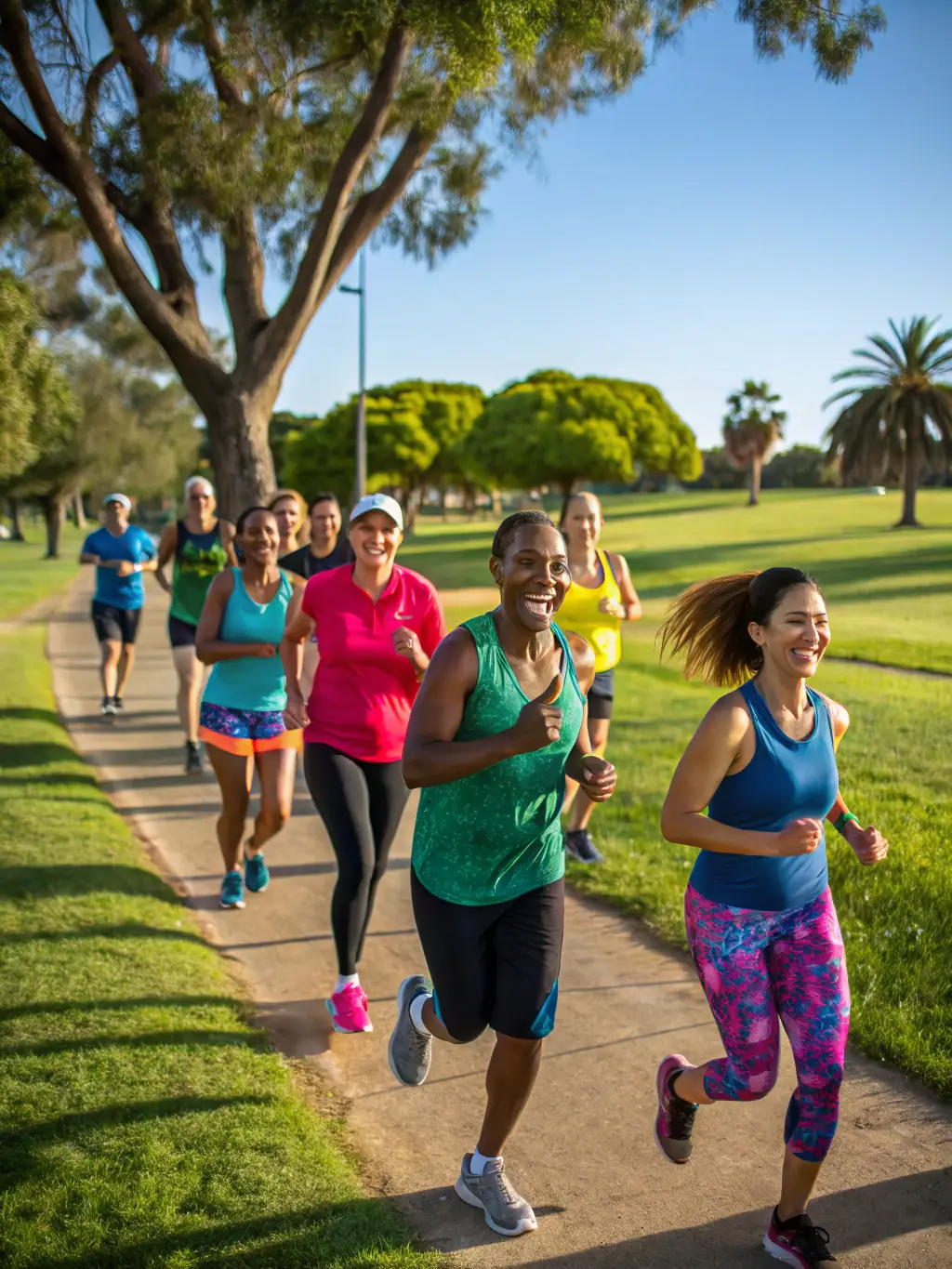 A group of people of all ages participating in a community walk/run event, wearing LES CAMPANULES t-shirts and smiling, showcasing the community events organized by LES CAMPANULES.