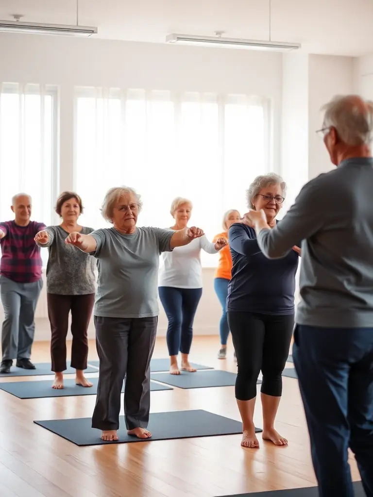 A group of seniors participating in a gentle exercise class in a community hall, with an instructor guiding them, representing the senior wellness programs offered by LES CAMPANULES.