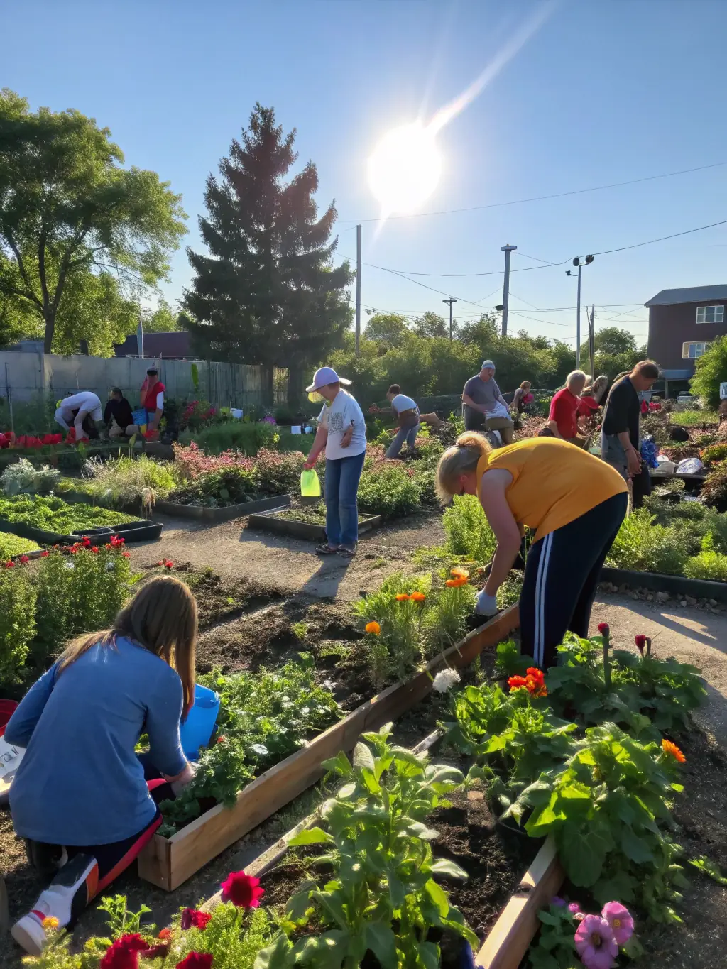 A photograph of children and adults participating in a community gardening project, illustrating the importance of environmental stewardship and teamwork.