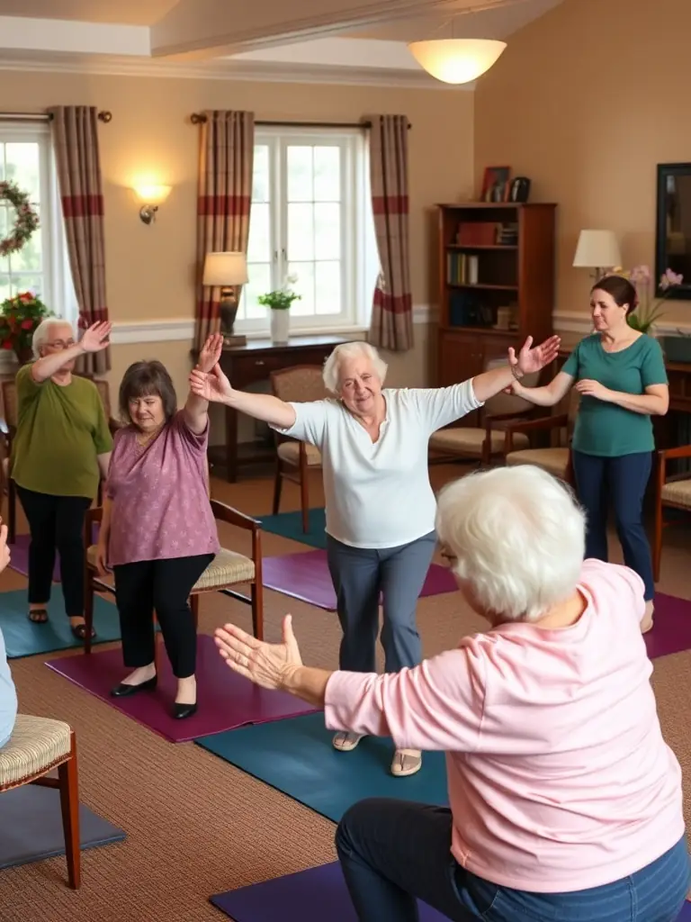 A photograph showing a group of seniors participating in a gentle exercise class, highlighting the organization's dedication to providing inclusive activities for older adults.