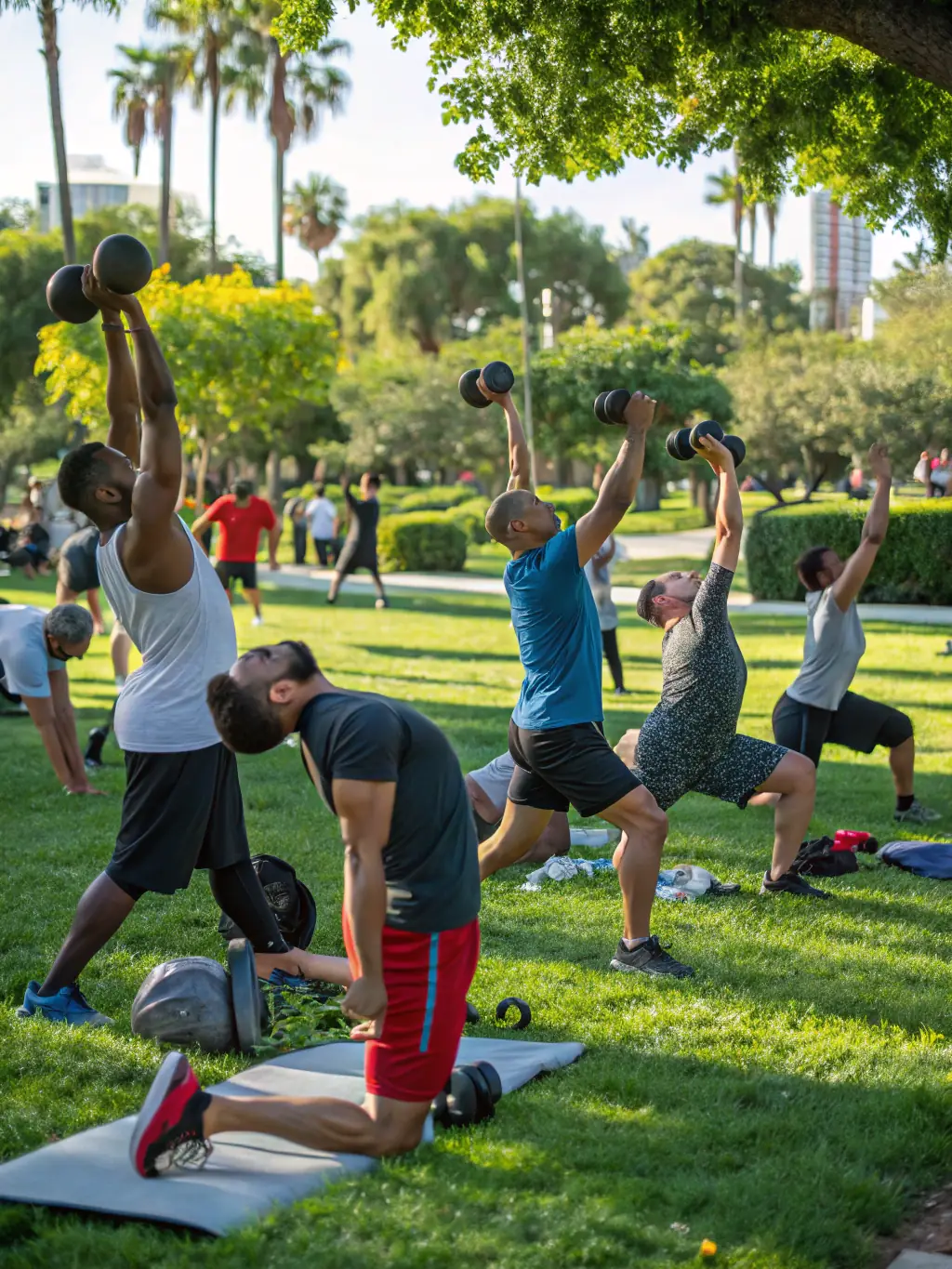 An image of adults participating in a fitness class held outdoors, highlighting the organization's commitment to providing accessible fitness opportunities for all ages.