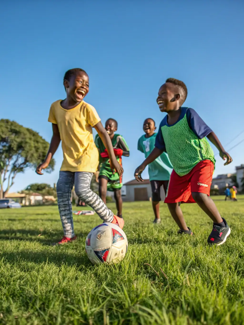 A photograph capturing a group of children playing soccer in a local park, showcasing the joy and energy of youth sports programs organized by LES CAMPANULES.