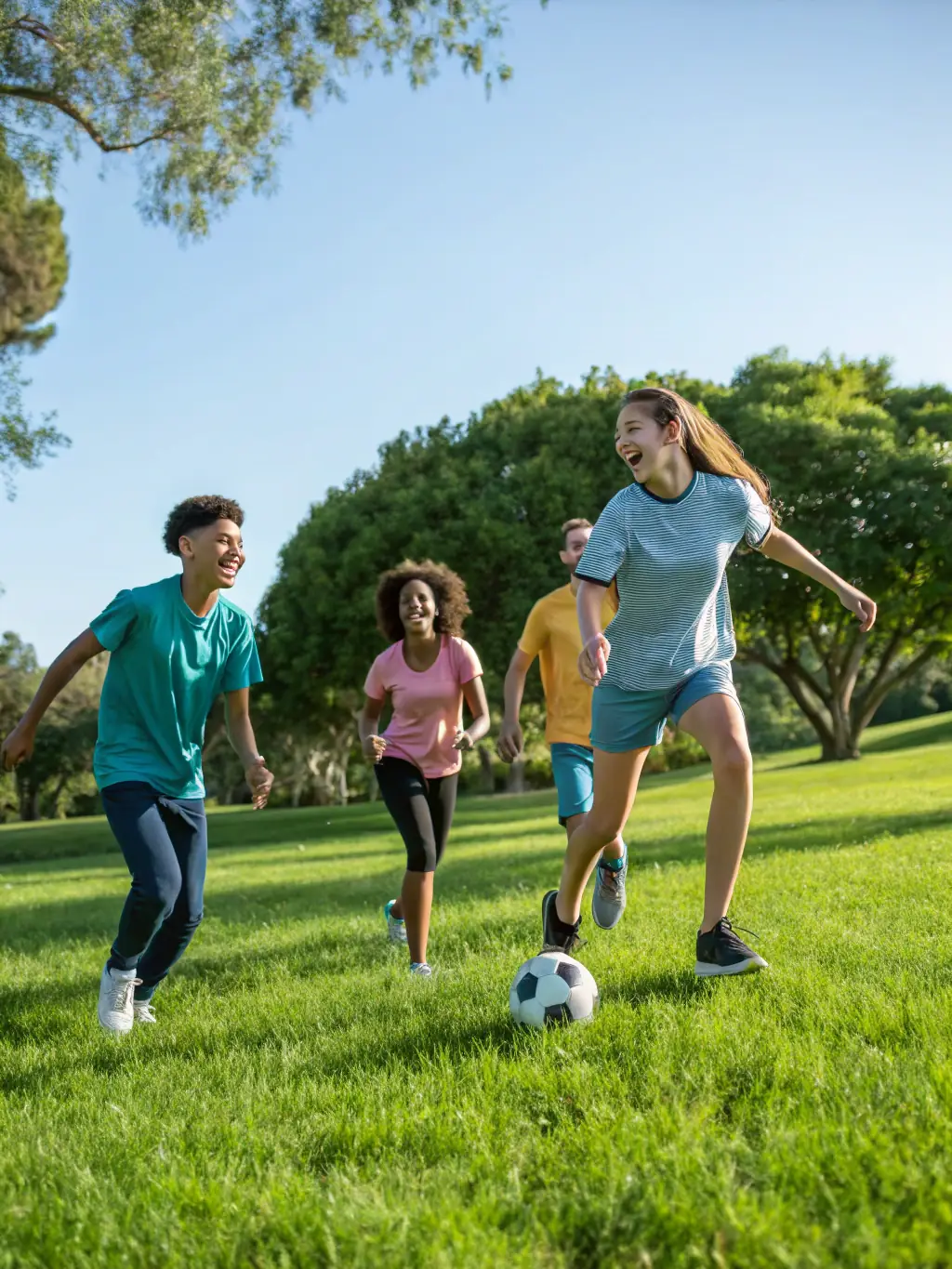 A group of children playing soccer in a park, wearing colorful jerseys and laughing, representing the youth sports program offered by LES CAMPANULES.